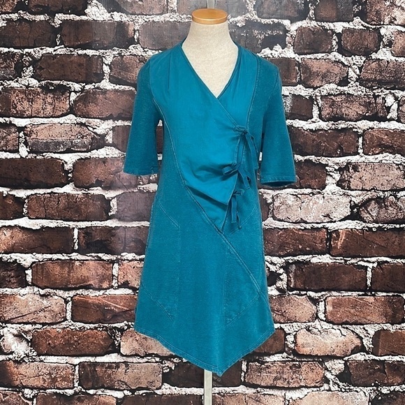 Prairie Underground Wrap Dress Asymmetrical Mini Pockets Teal Ties Size XS - Picture 5 of 14